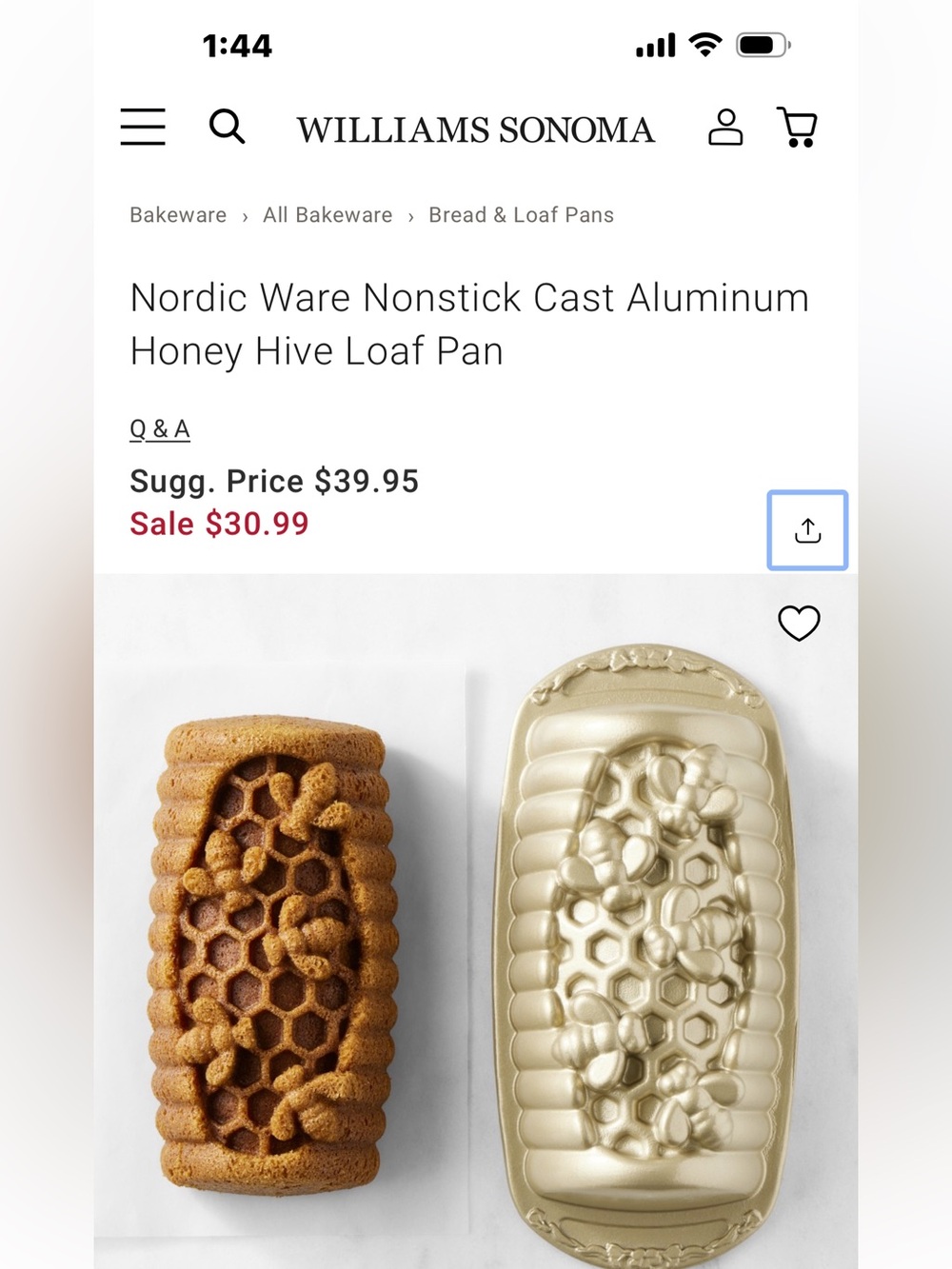 Nordic Ware Gold Honey Hive Nonstick Cast Aluminum Loaf Pan